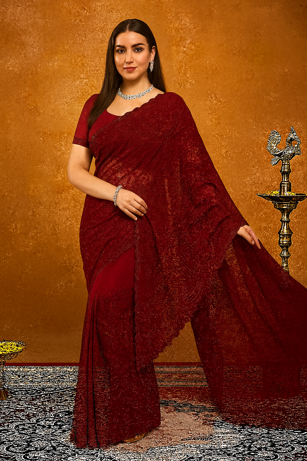 Crimson Red Pure Georgette Saree with Intricate Floral Embroidery & Scalloped Border
