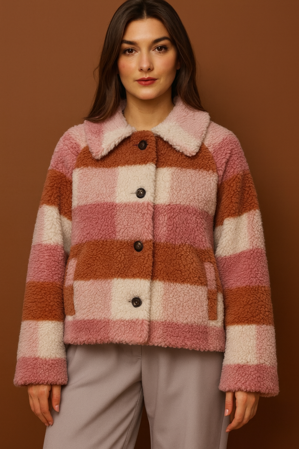 Cozy Check Textured Polyester Jacket with Spread Collar