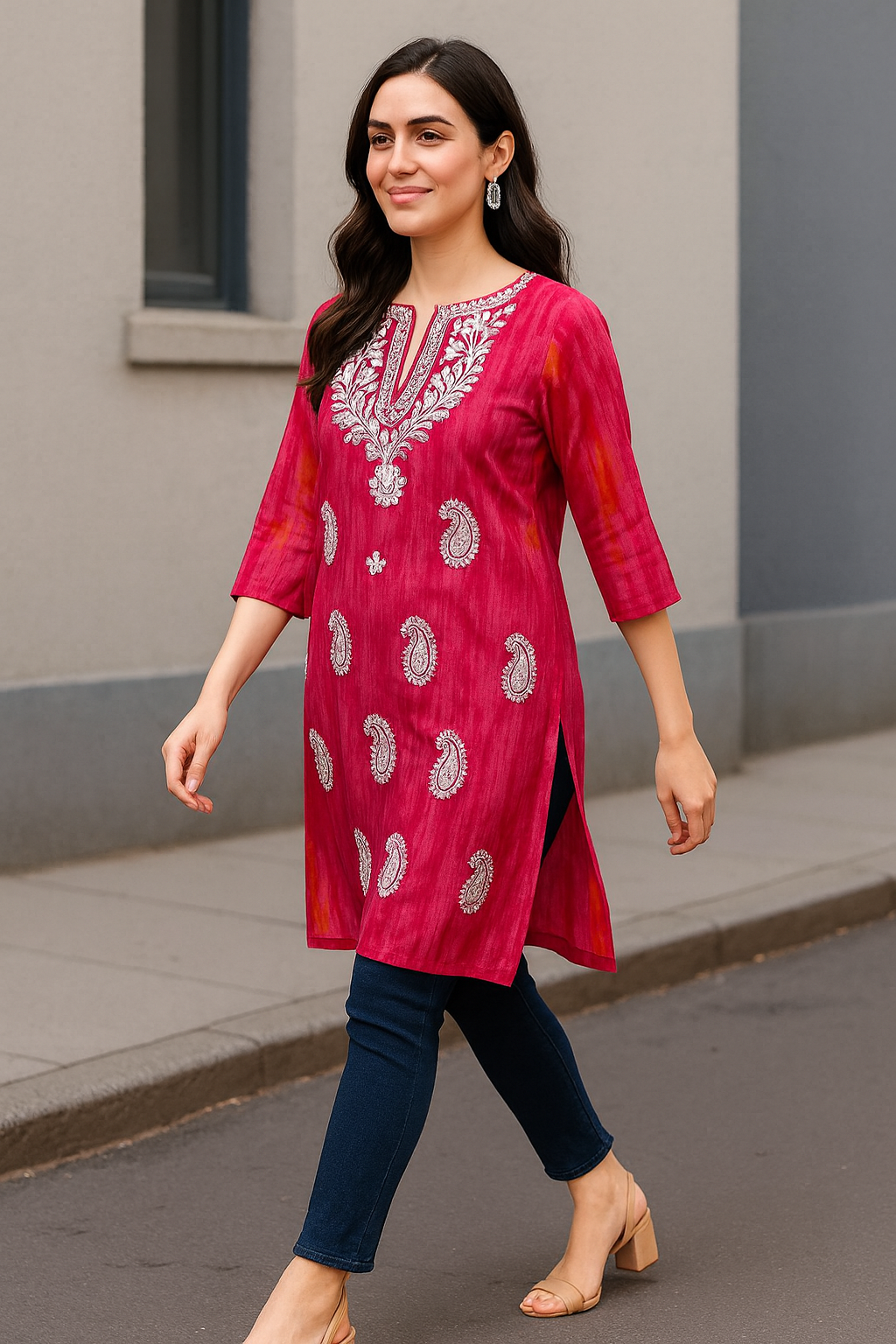 Blush Pink Georgette Kurti with Paisley Chikankari Embroidery