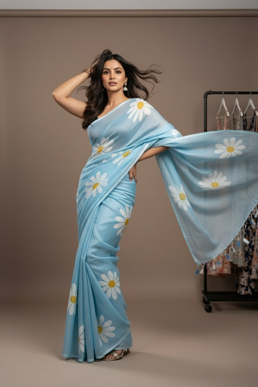 Ethereal Bloom Handloom Cotton Saree with Bangalori Silk Blouse