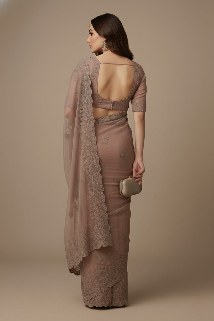 Premium Net Saree in Pink with Intricate Floral Embroidery