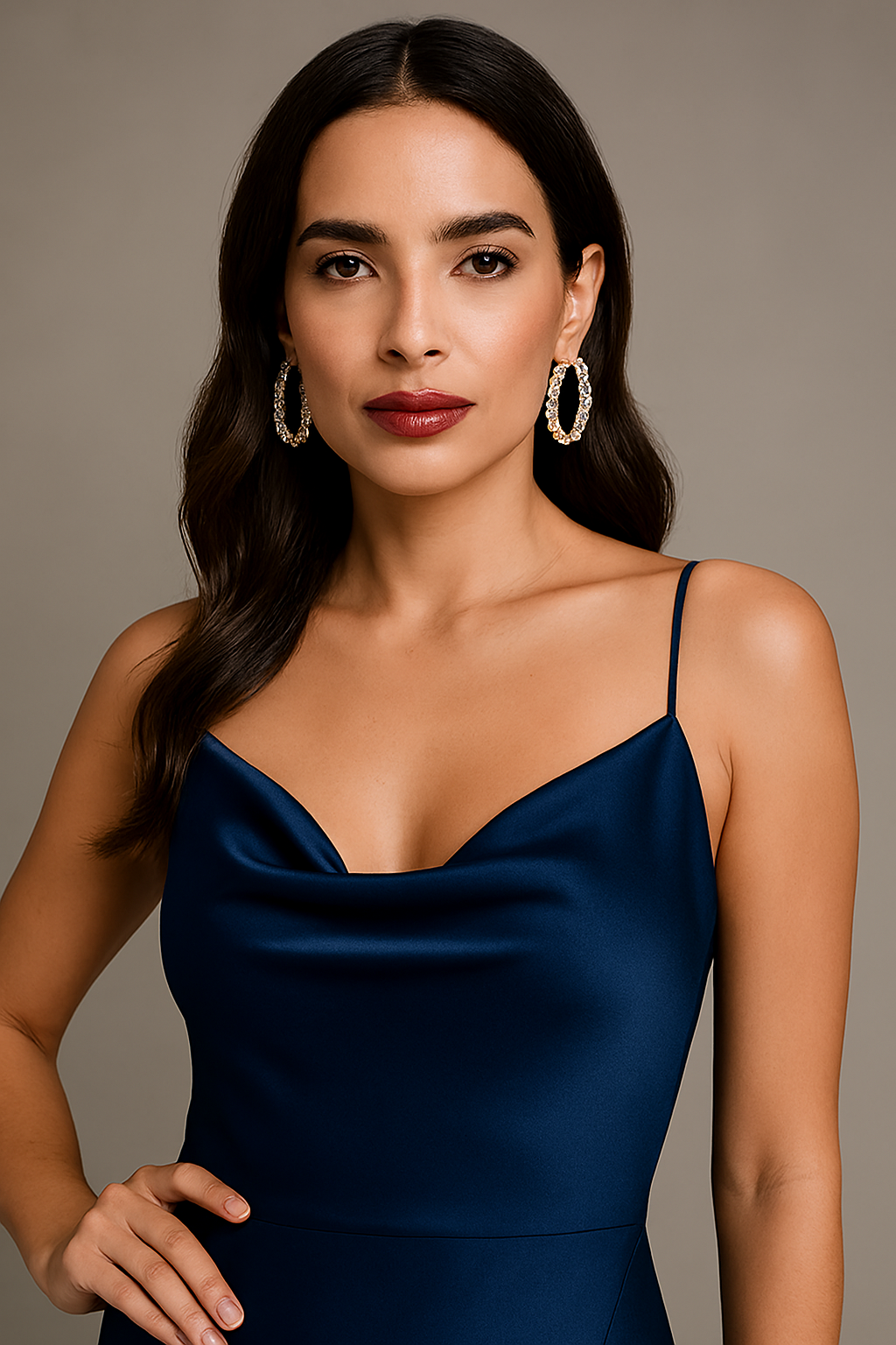 Women’s Elegant Navy Blue Satin Maxi Dress with Cowl Neck