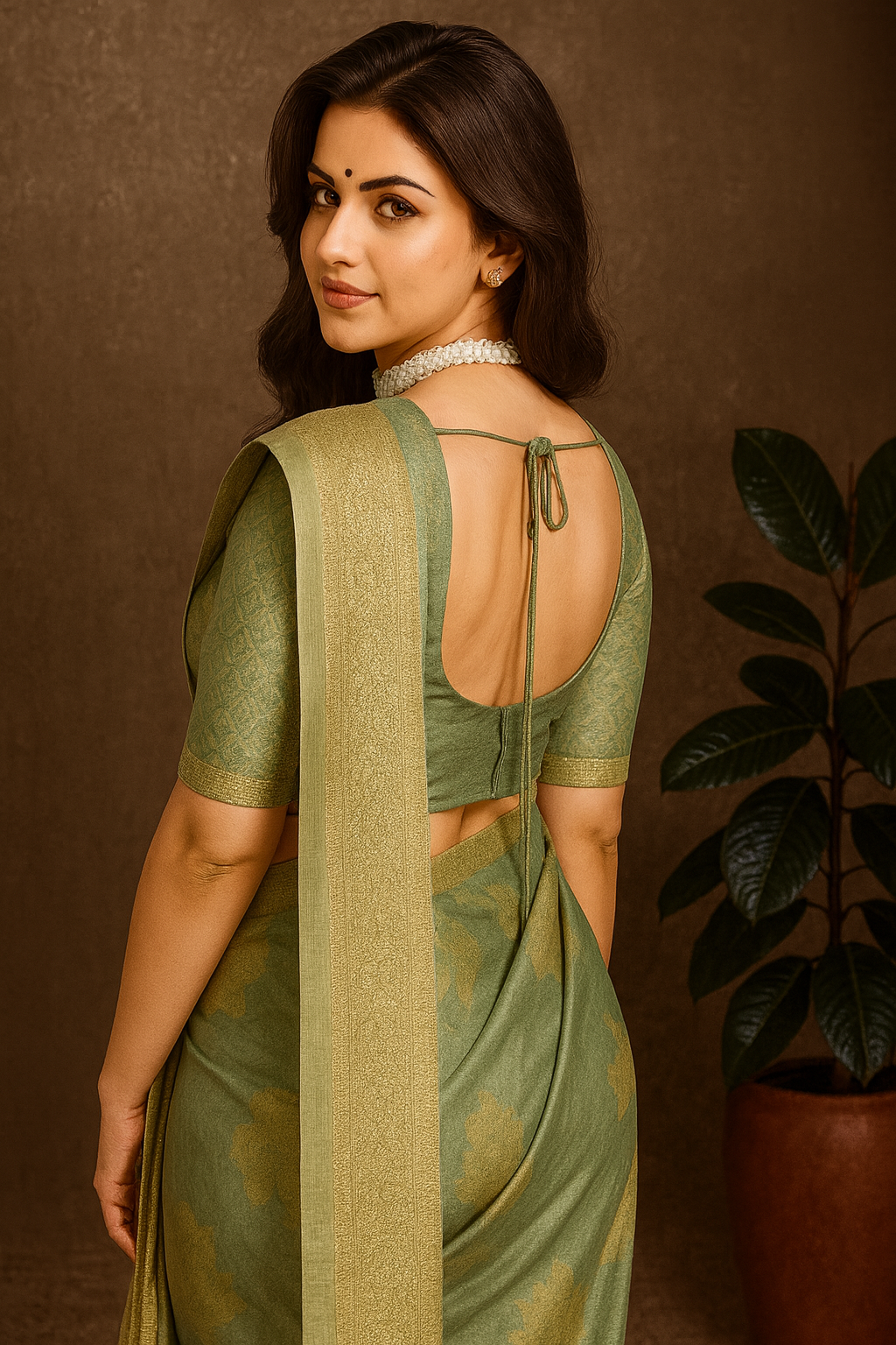 Pastel Green Soft Silk Saree with Floral Digital Print & Golden Zari Border