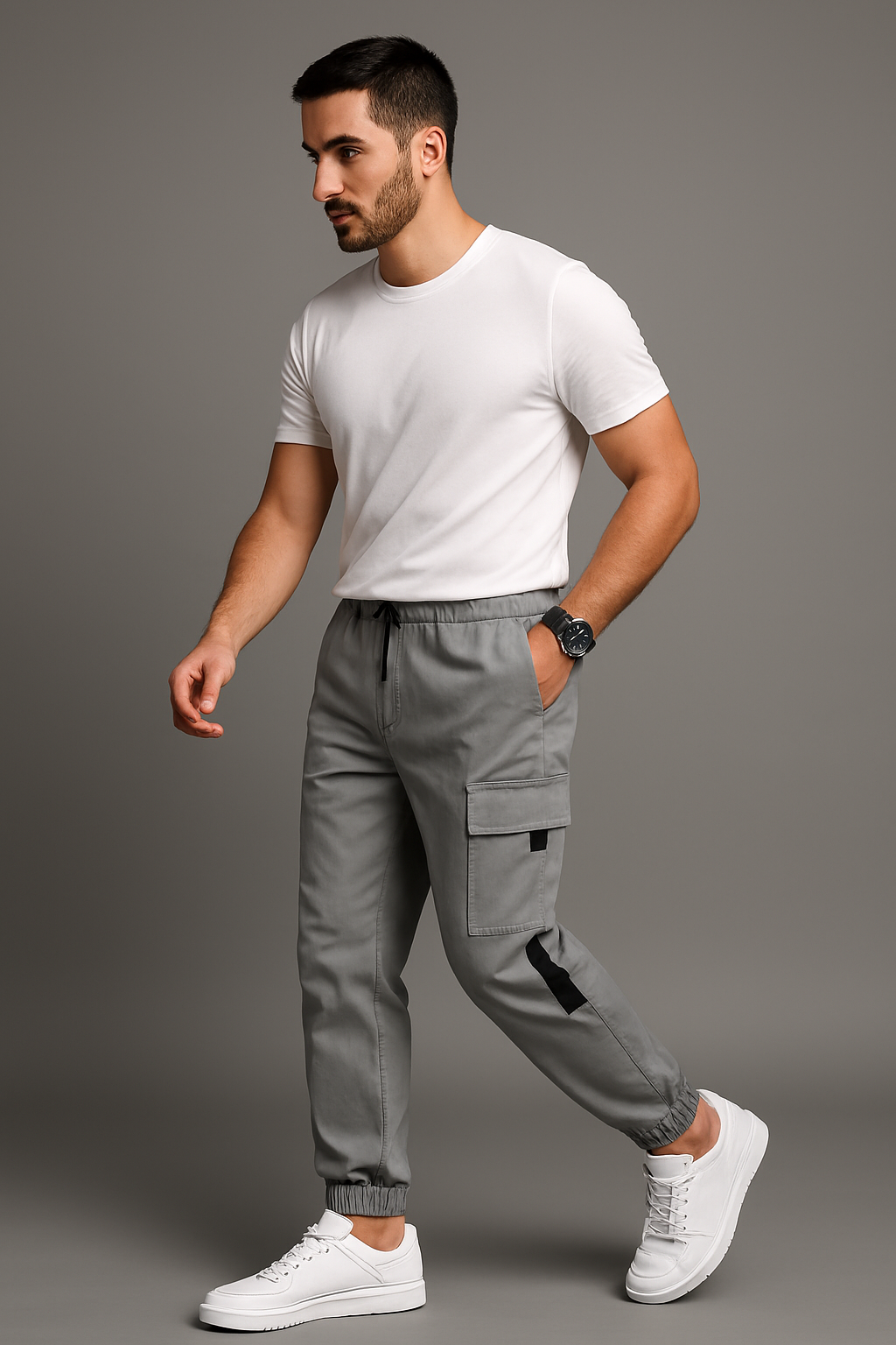 Men’s Grey Cargo Track Pants with Utility Pockets