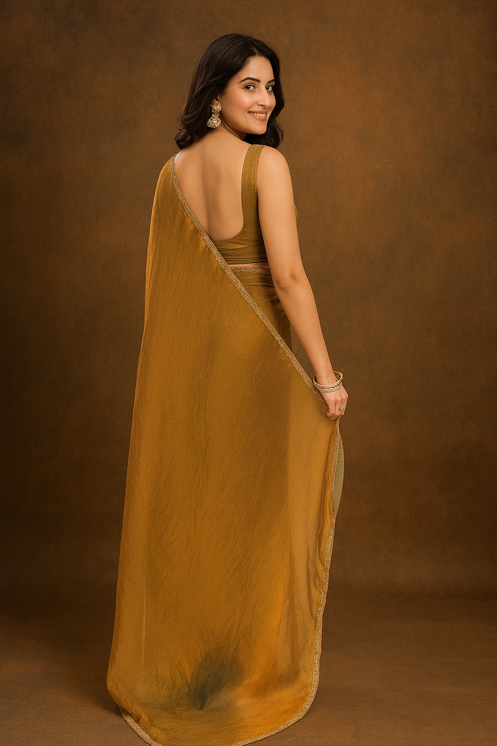 Gold & Rama Green Two-Tone Chiffon Silk Saree with Bead & Lace Detailing – Party & Wedding Collection