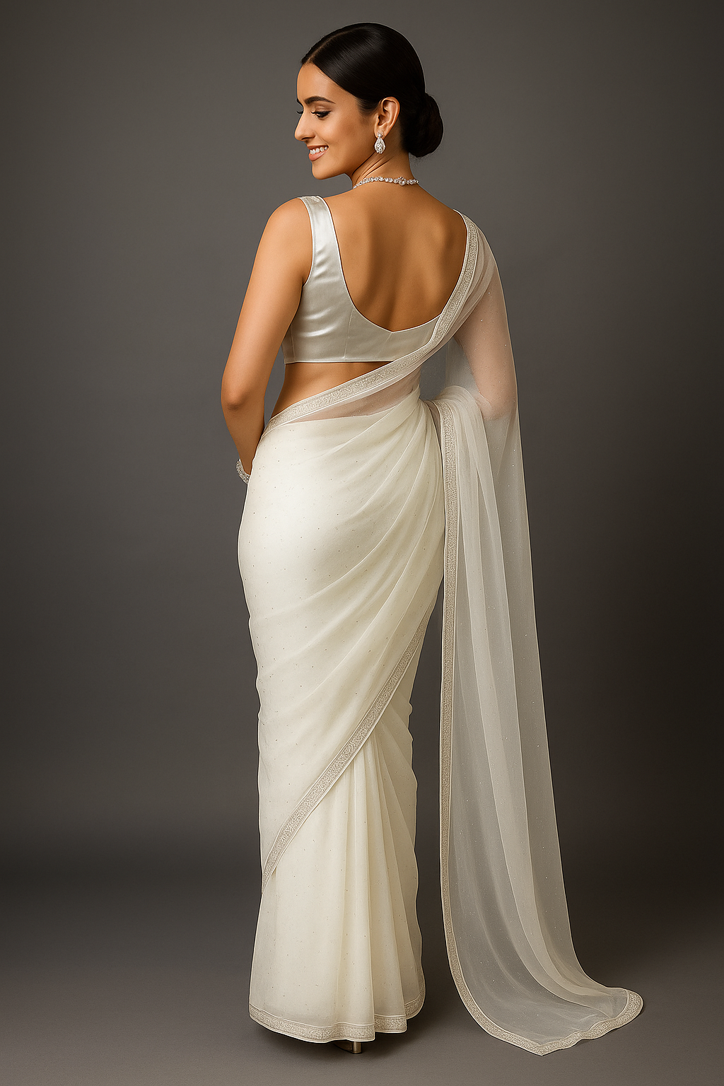 Premium White Net Saree with Silver Bead & Stone Embellished Border