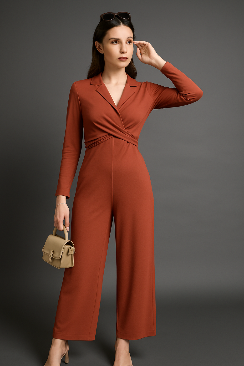 Women’s Solid Tan Elegant Lapel-Collar Long Sleeve Jumpsuit