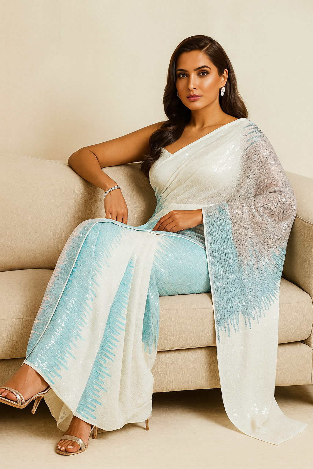 White & Blue Sequinned Pure Georgette Saree with Embellished Border