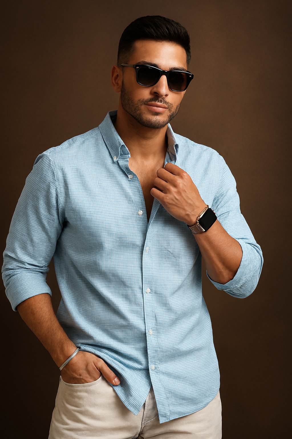 Men’s Slim Fit Light Blue Checkered Casual Shirt