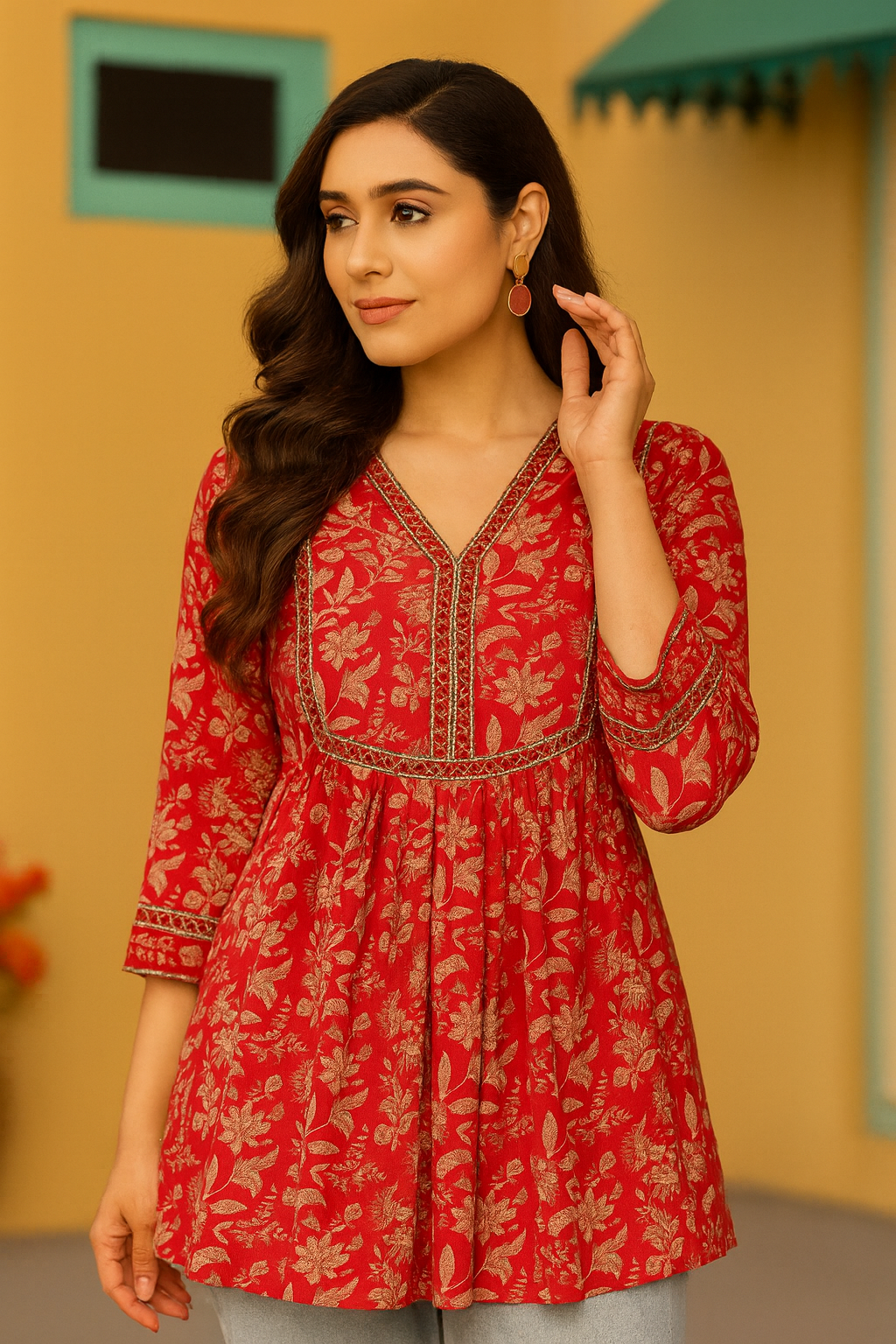 Floral Printed V-Neck Cotton Empire Top