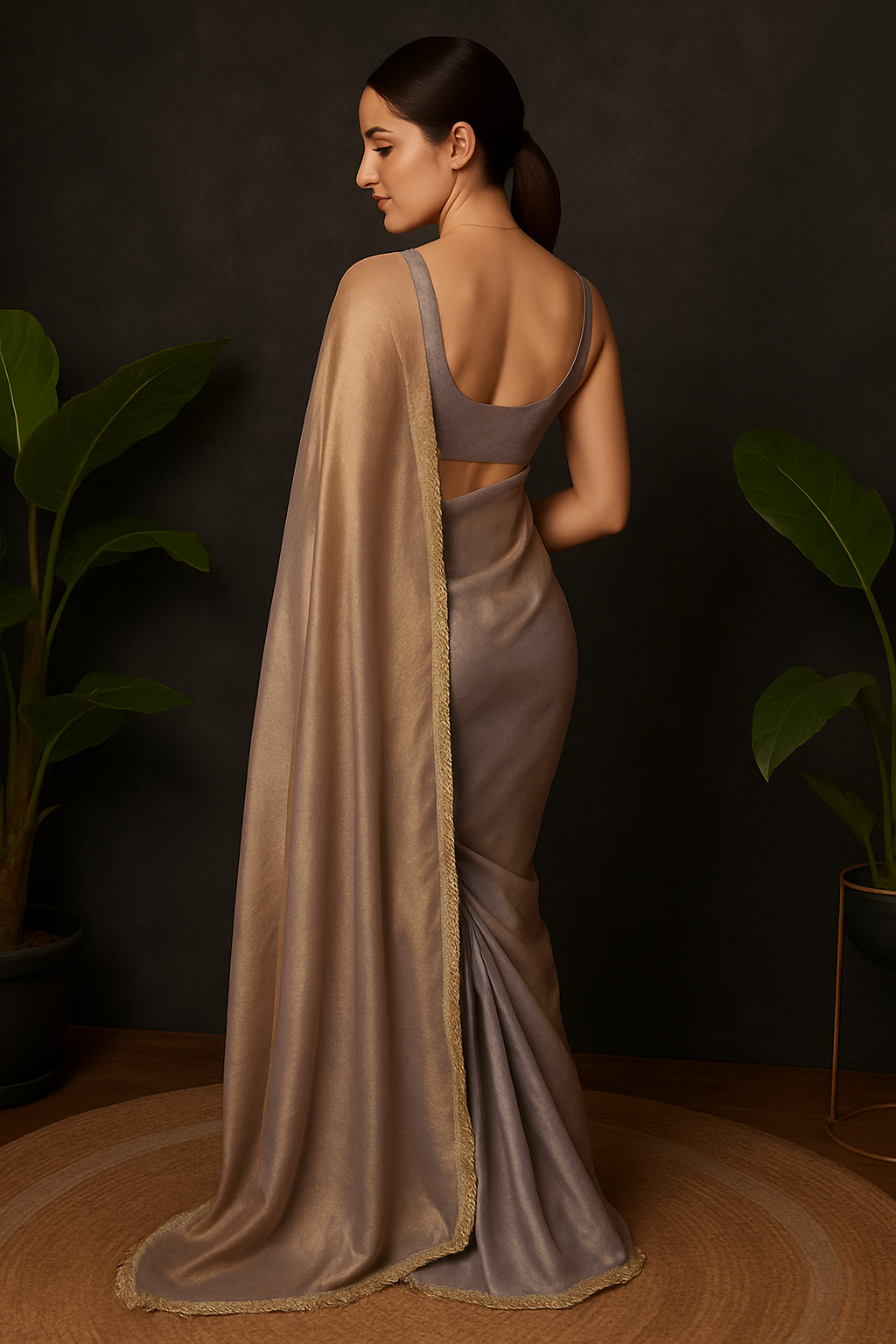 Gunmetal Blue Solid Tissue Saree with Unstitched Blouse Piece