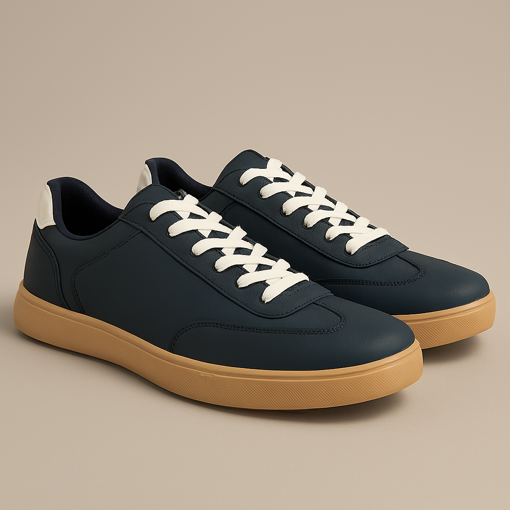 Men’s Navy Blue Casual Sneakers with White Lace-Up & Tan Rubber Sole