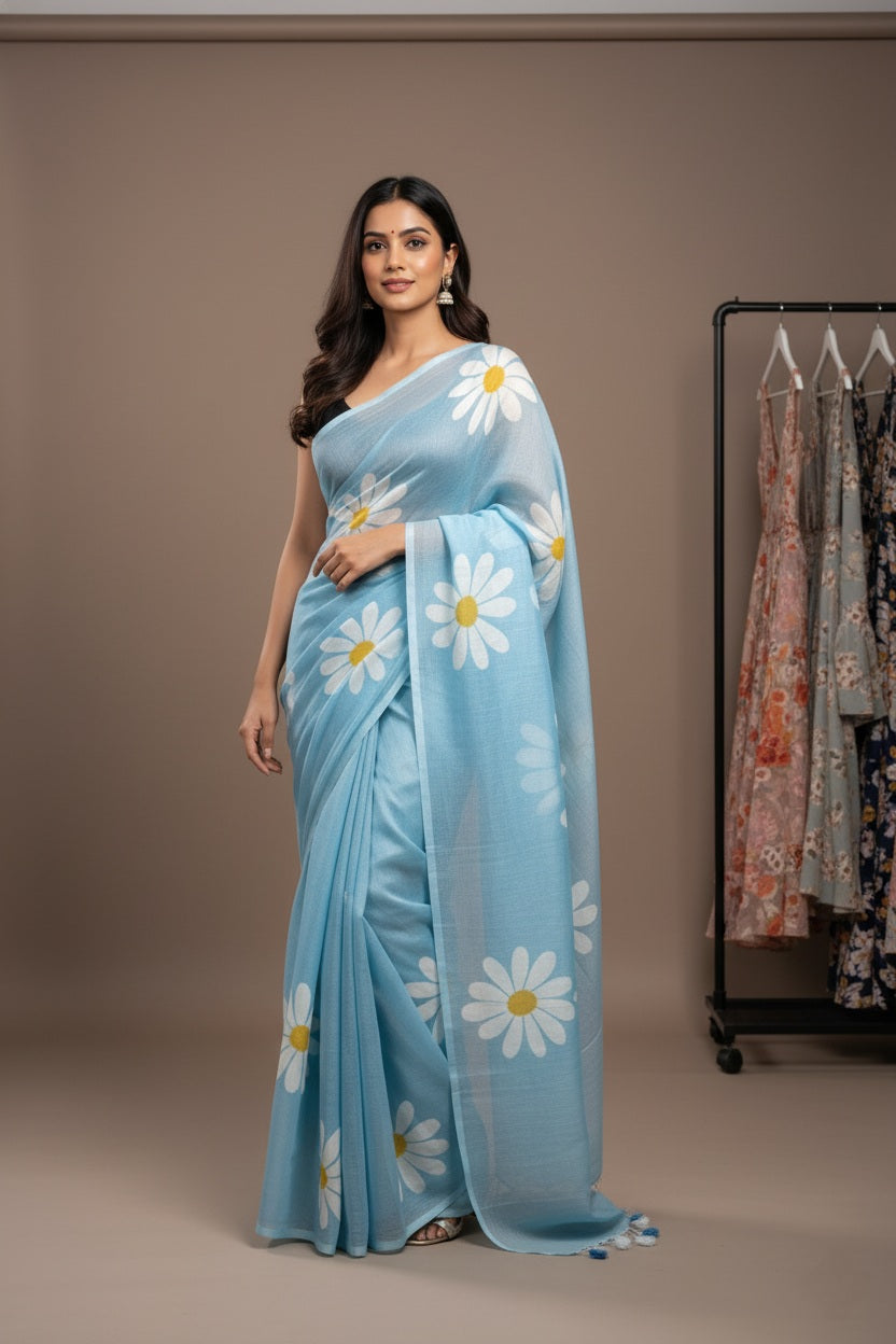 Ethereal Bloom Handloom Cotton Saree with Bangalori Silk Blouse