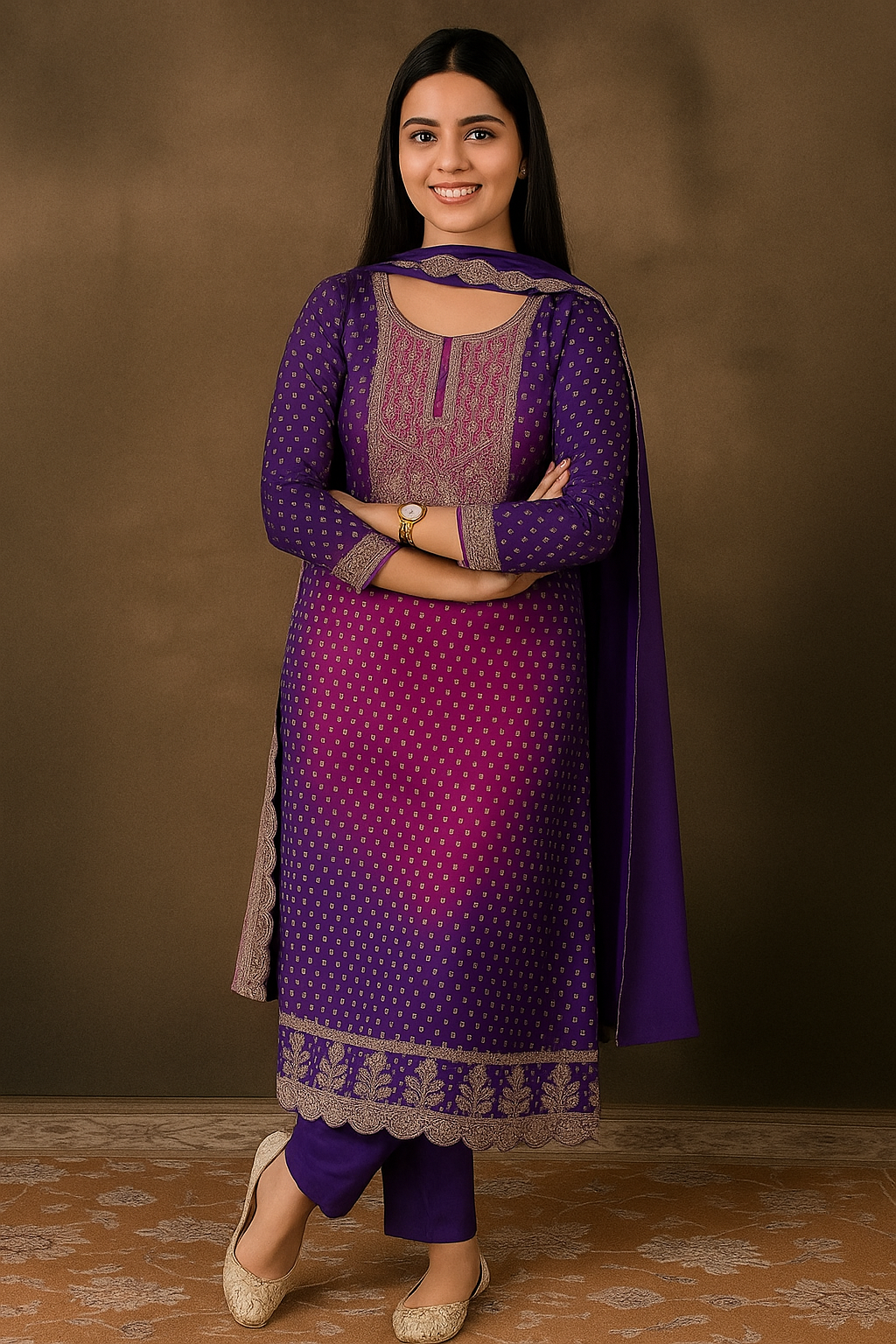 Elegant Purple Silk Blend Bandhani Kurta Set with Zari Embroidery & Dupatta