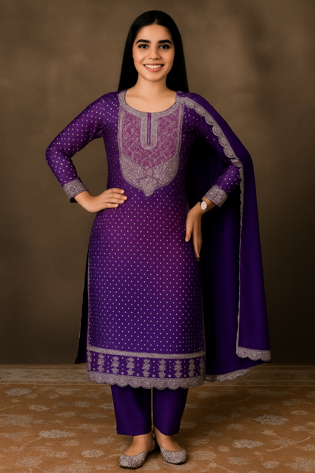 Elegant Purple Silk Blend Bandhani Kurta Set with Zari Embroidery & Dupatta