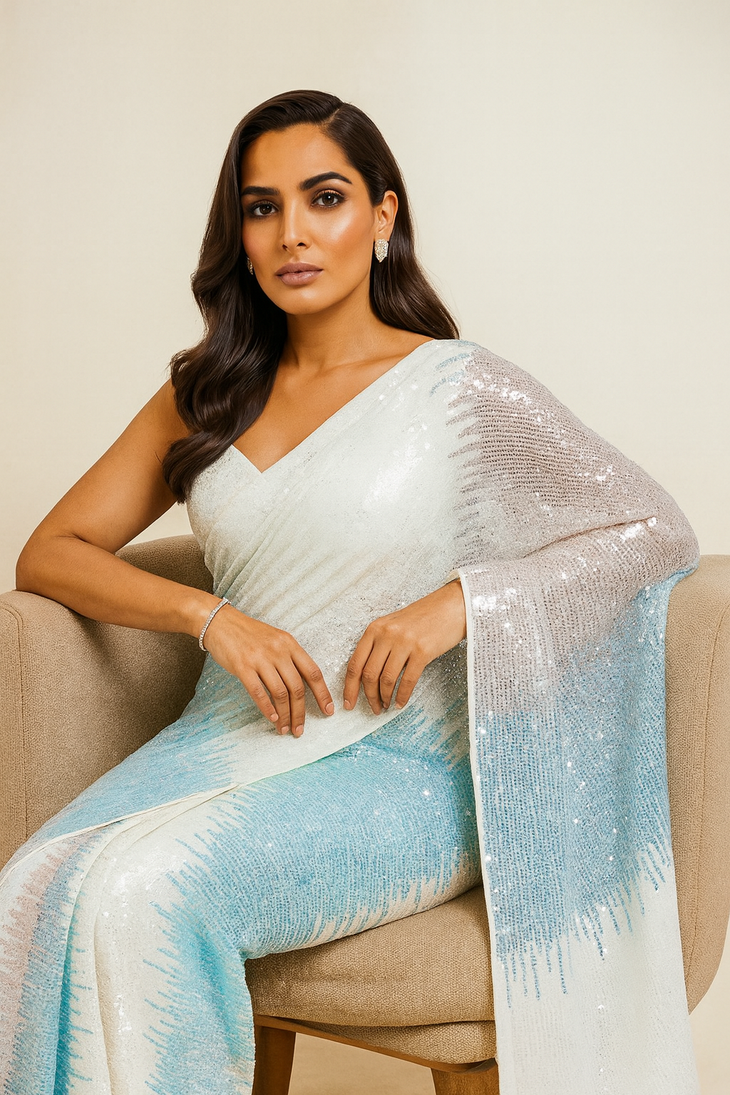 White & Blue Sequinned Pure Georgette Saree with Embellished Border