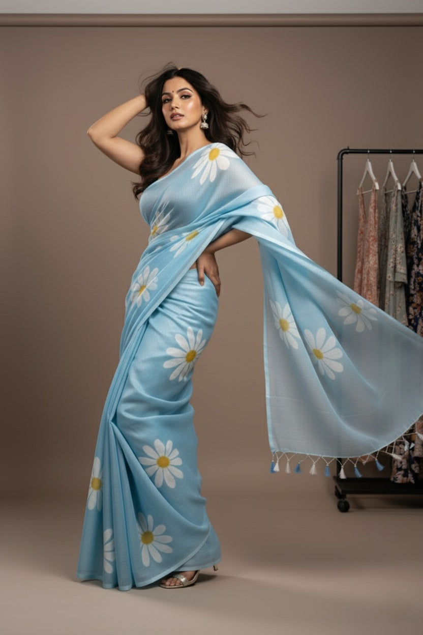 Ethereal Bloom Handloom Cotton Saree with Bangalori Silk Blouse