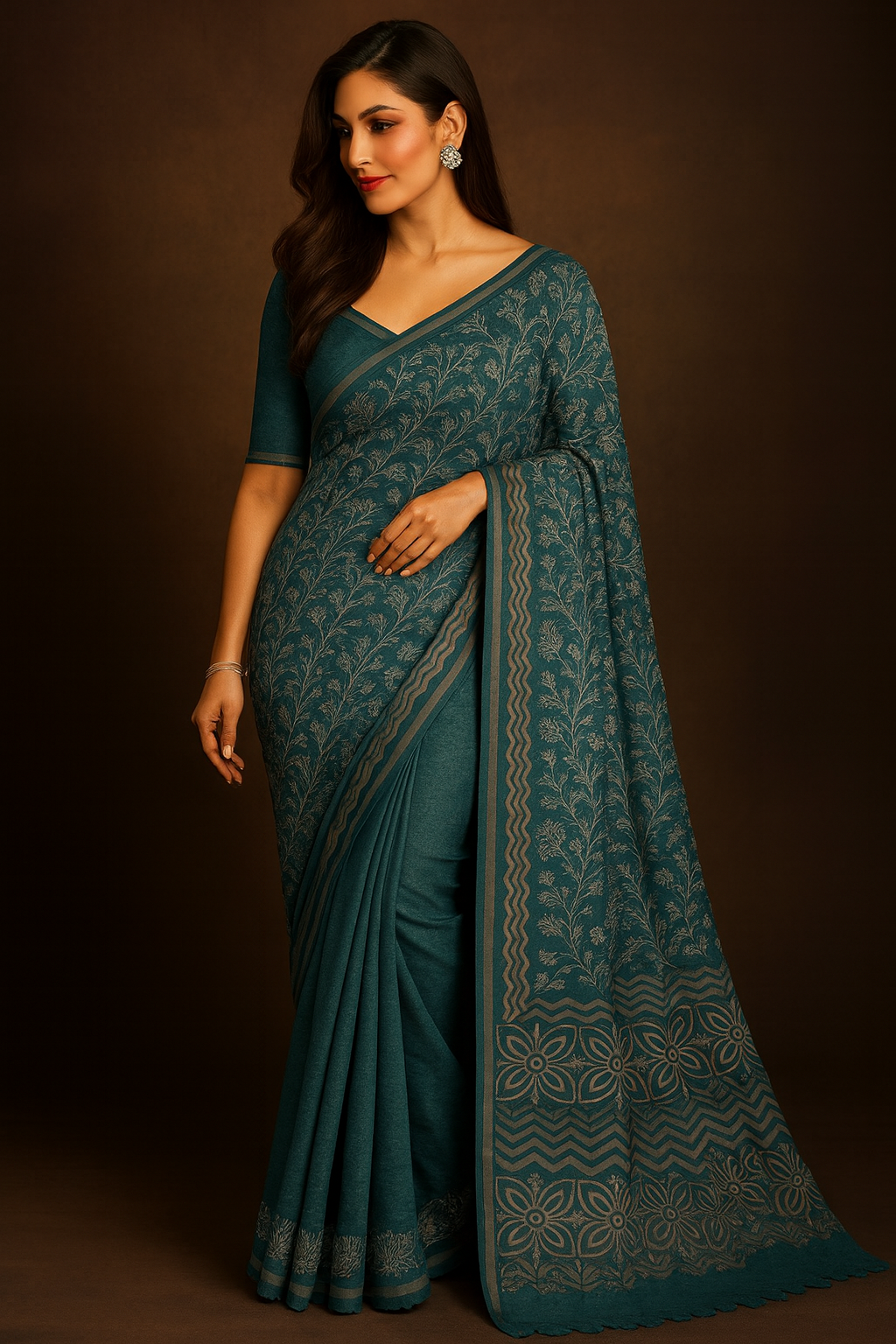 Teal Ikat Art Silk Saree with Embroidered Motifs & Embellished Border