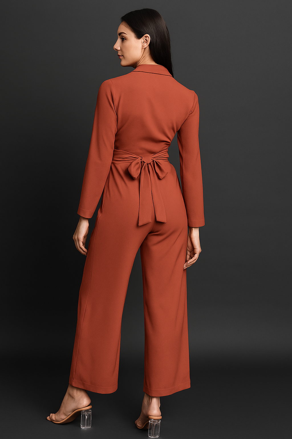 Women’s Solid Tan Elegant Lapel-Collar Long Sleeve Jumpsuit