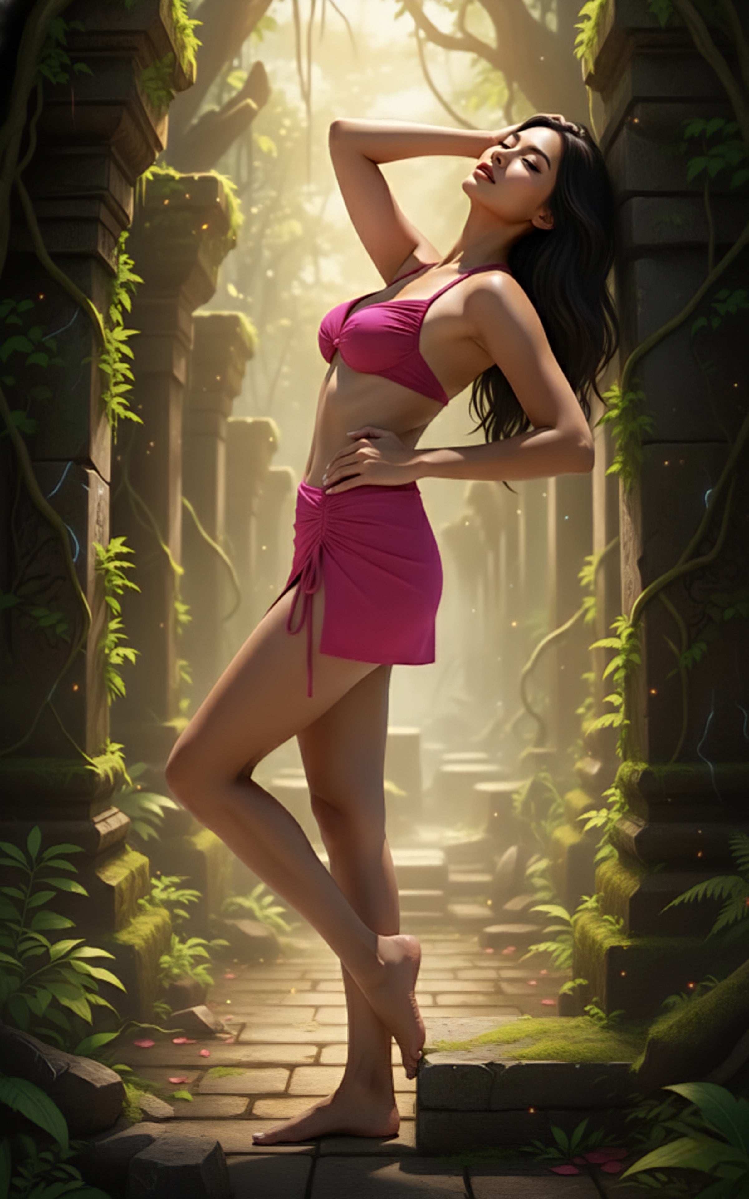 Magenta High-Waist Skirted Bikini Set with Tie-Up Halter Top