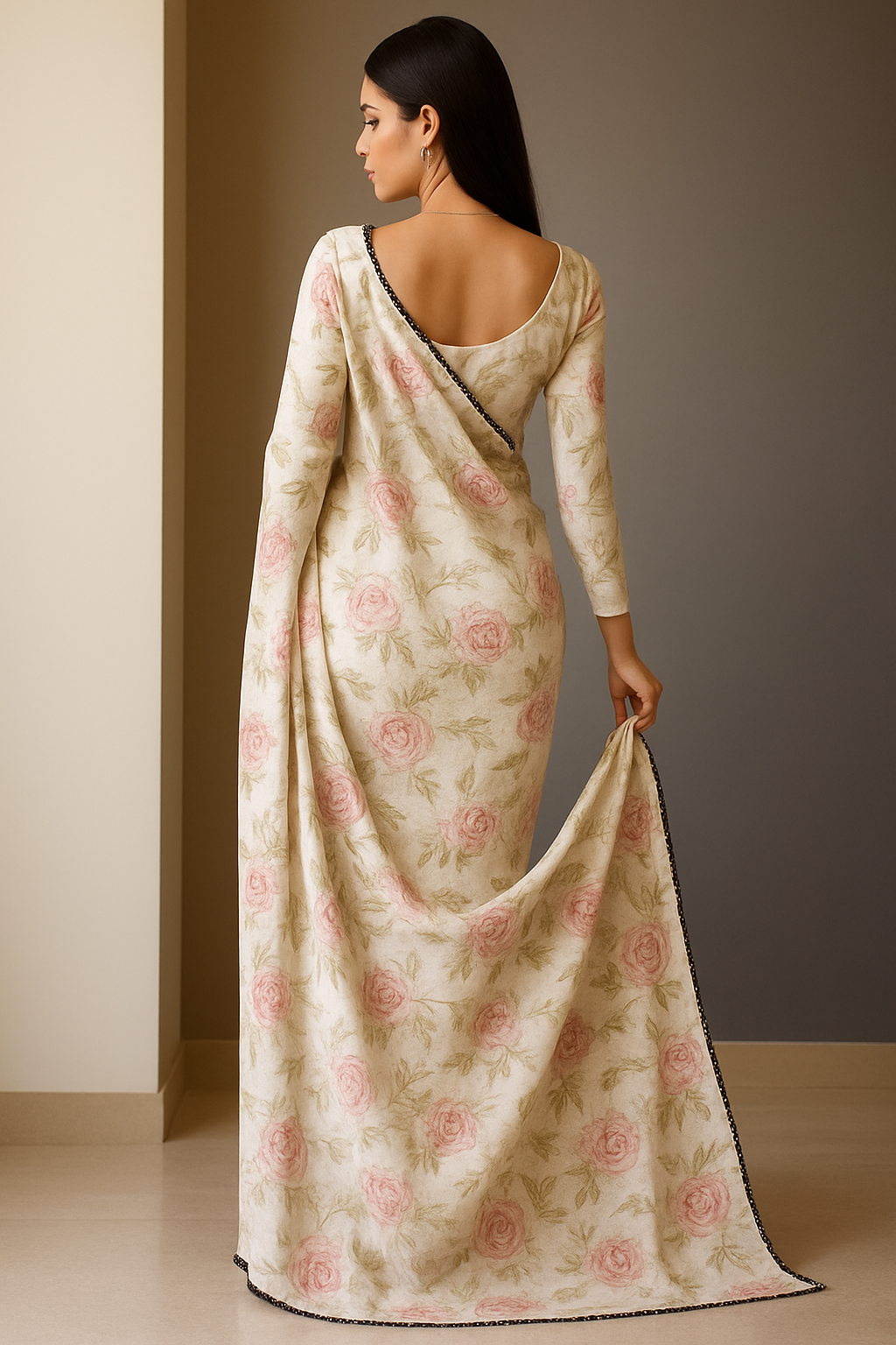 Ethereal Bloom – White & Green Georgette Saree with Gota Embellishment