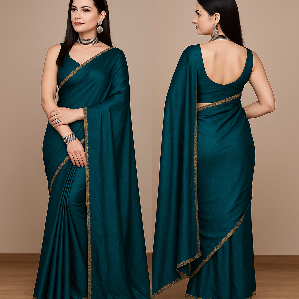Elegant Teal Saree with Golden Border – Stylish Party & Wedding Wear for Women