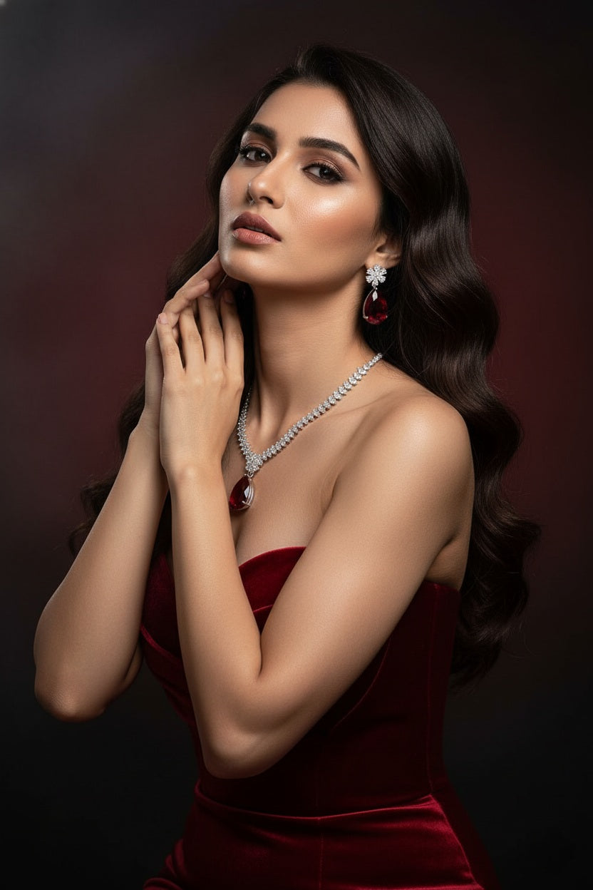 Elegant Silver-Toned Rhodium Finish Necklace & Earrings Set with CZ Stones