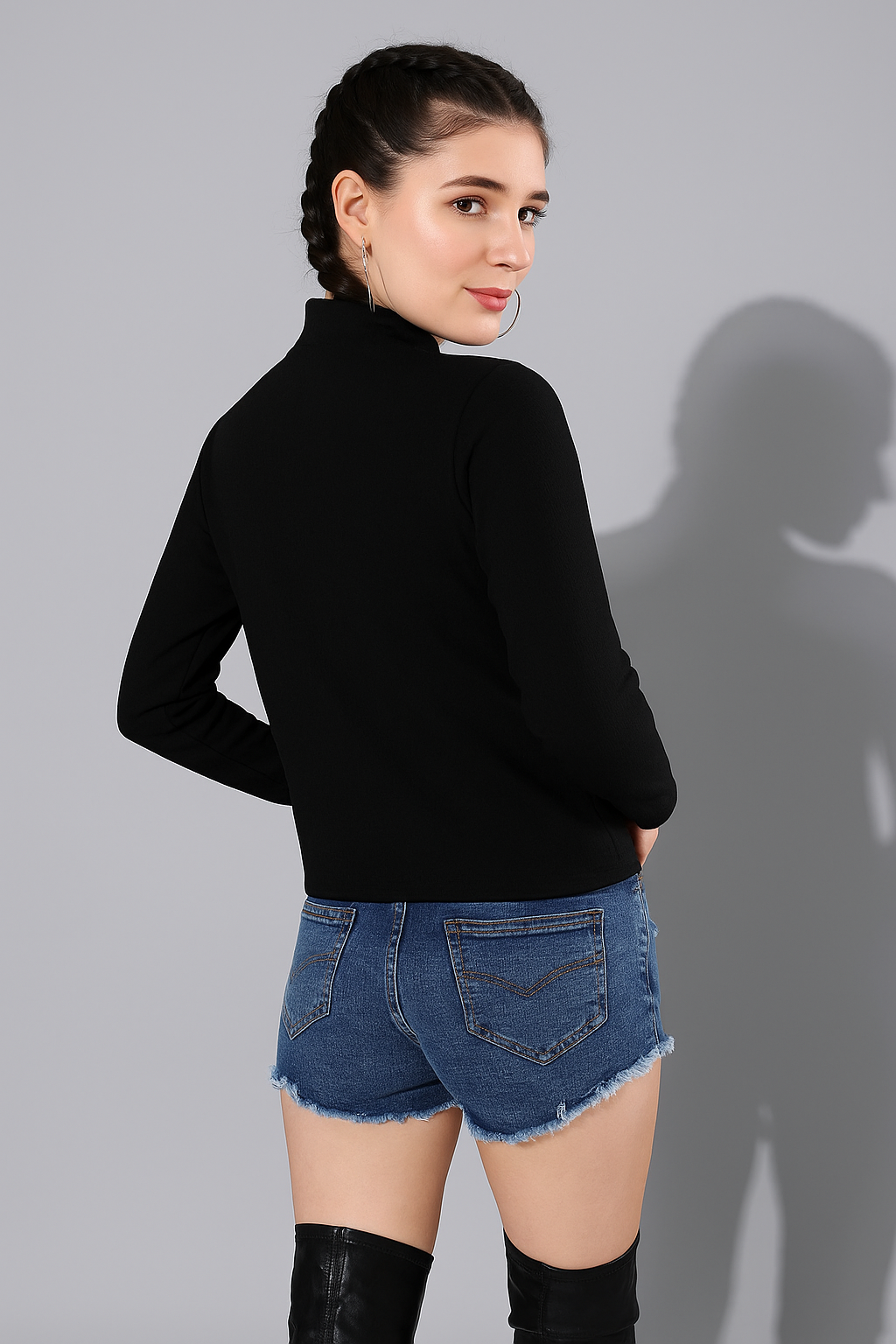 Stylish Solid Black Ribbed Polyester Top with Zipper Neck & Full Sleeves