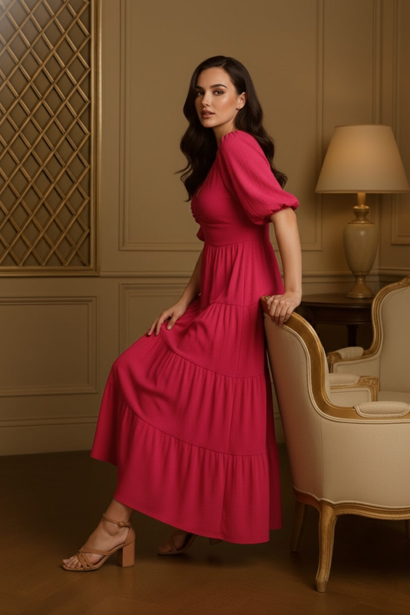 Elegant Pink Checked Cotton Fit & Flare Dress with Balloon Sleeves