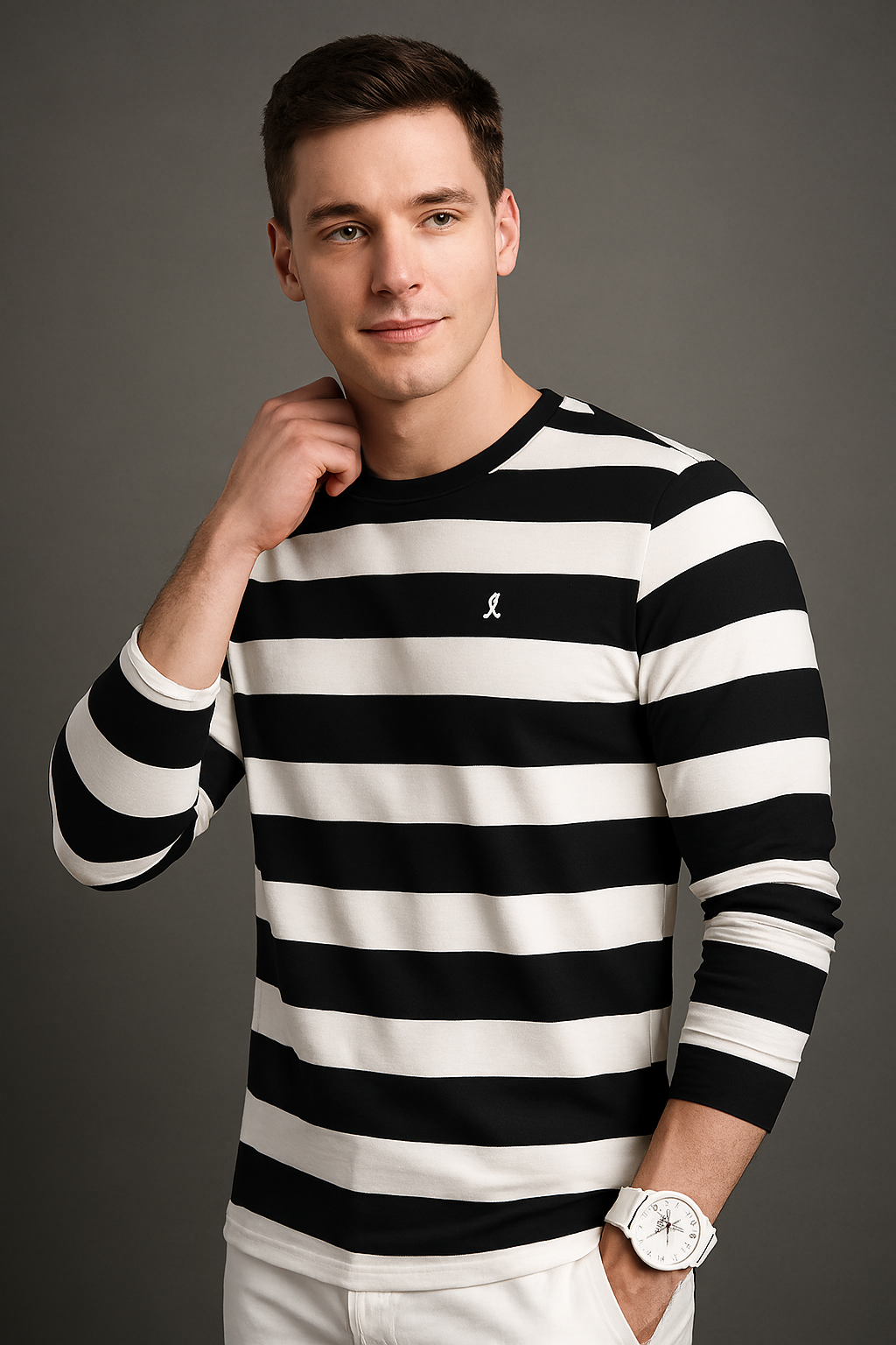 Men's Black & White Striped Full Sleeve Casual T-Shirt