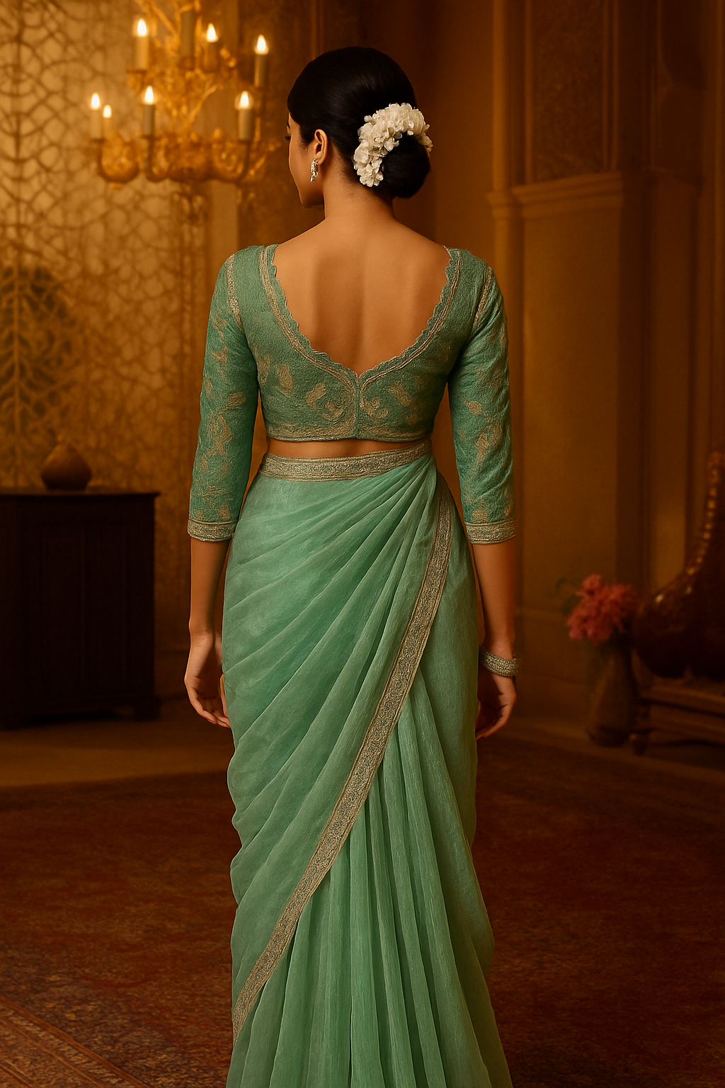 Pearl Embellished Net Saree with Embroidered Blouse Piece