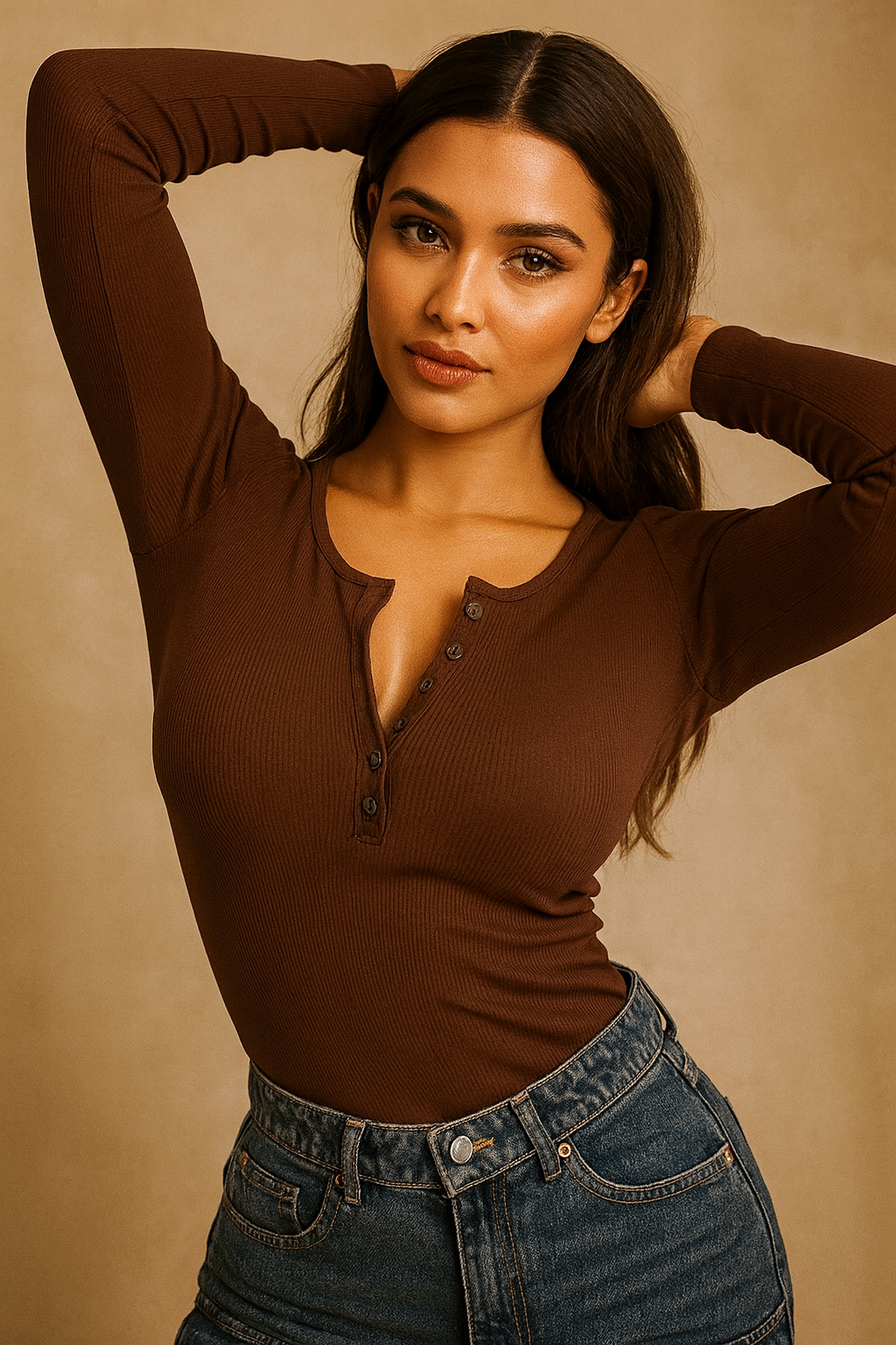 Women’s Solid Brown Ribbed Full Sleeve Henley Top