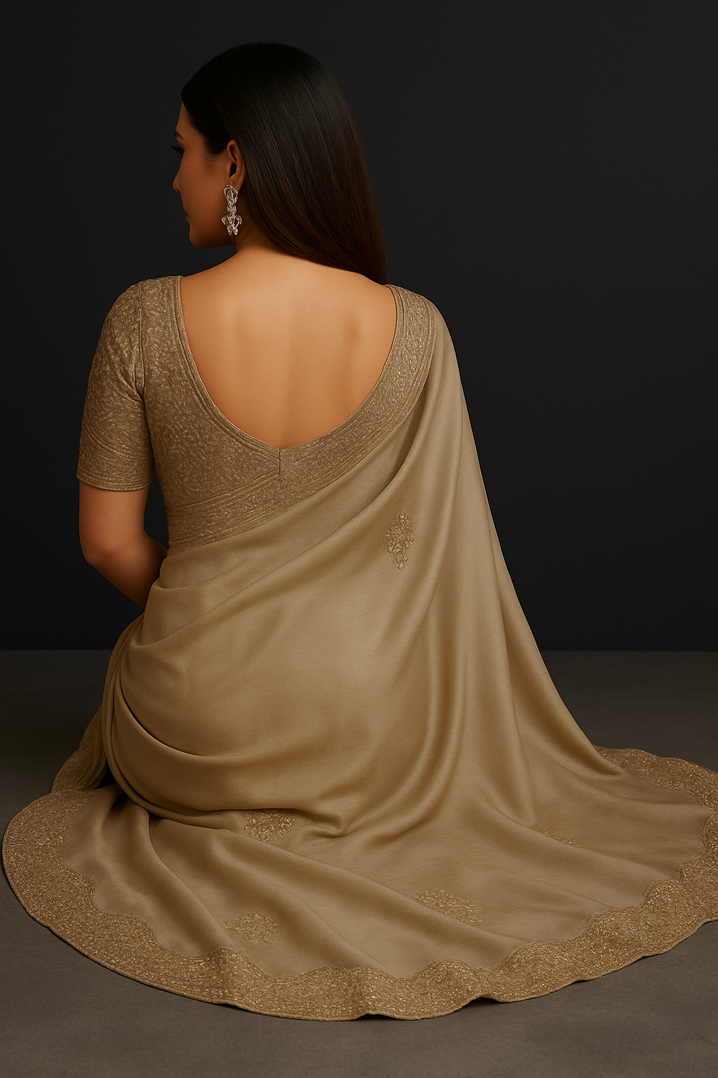 Satrani Beige Tissue Saree with Embroidered Dola Silk Blend Blouse Piece
