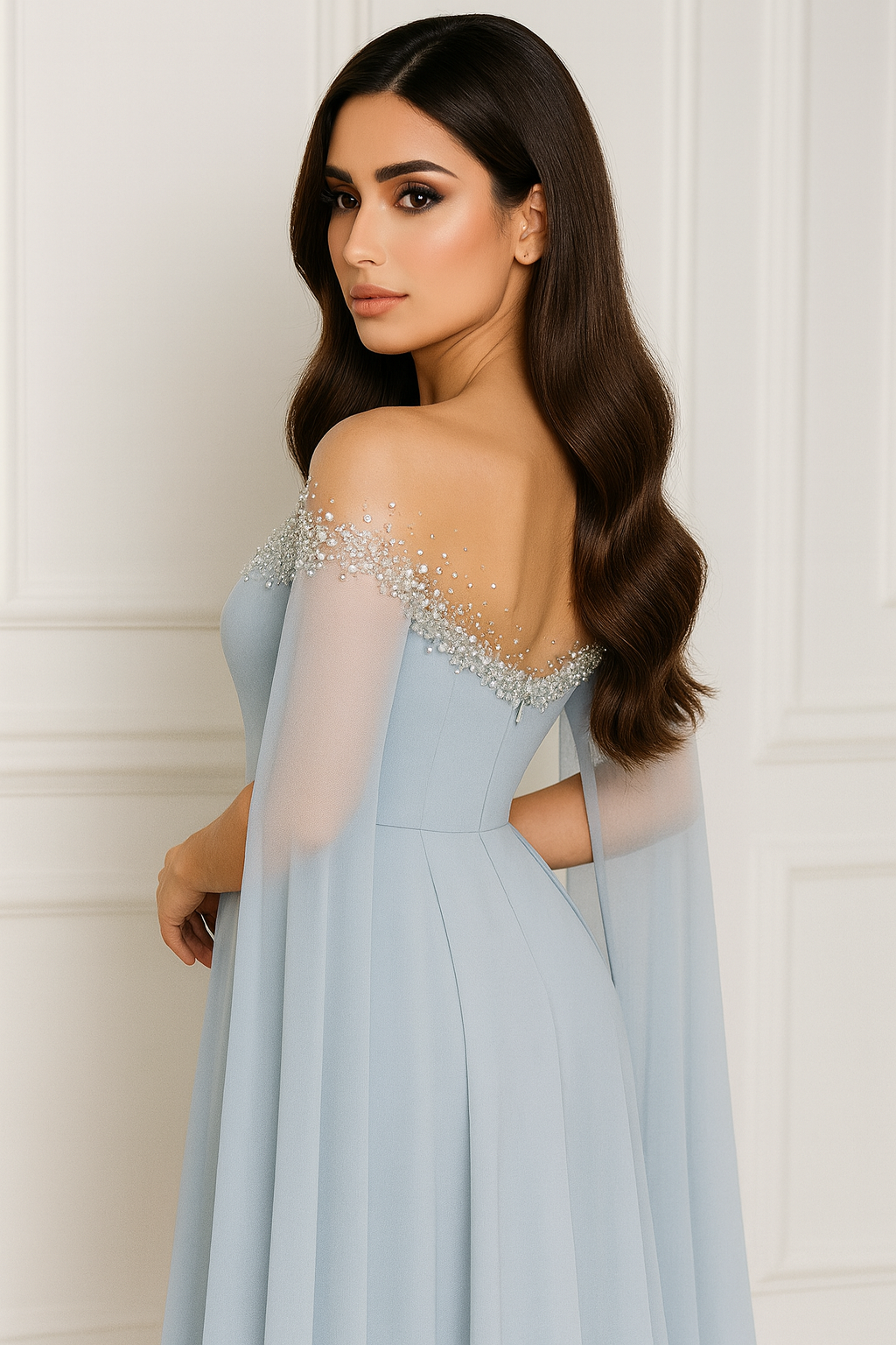 Ethereal Blue Embellished Off-Shoulder Gown with Flowing Cape Sleeves