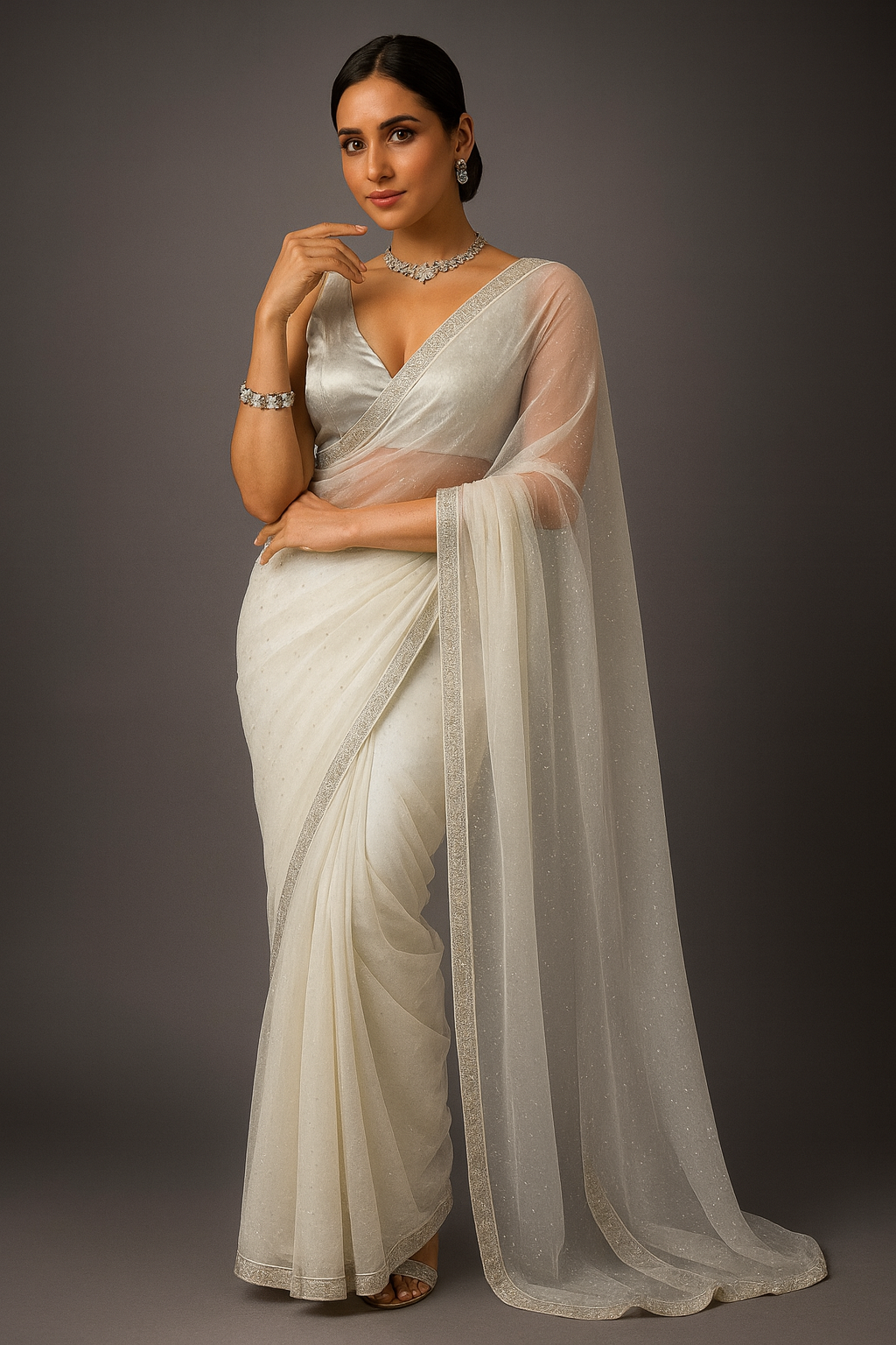 Premium White Net Saree with Silver Bead & Stone Embellished Border