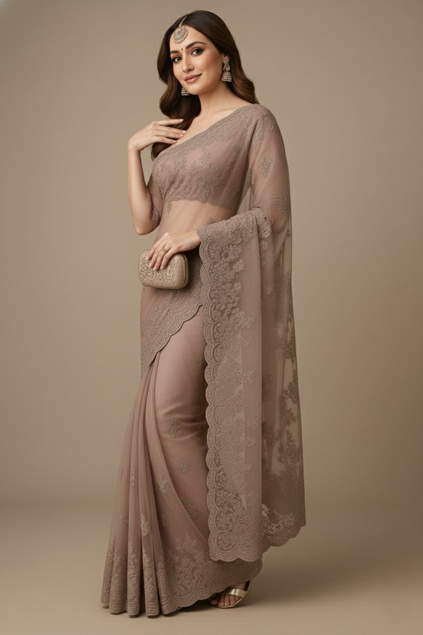 Premium Net Saree in Pink with Intricate Floral Embroidery