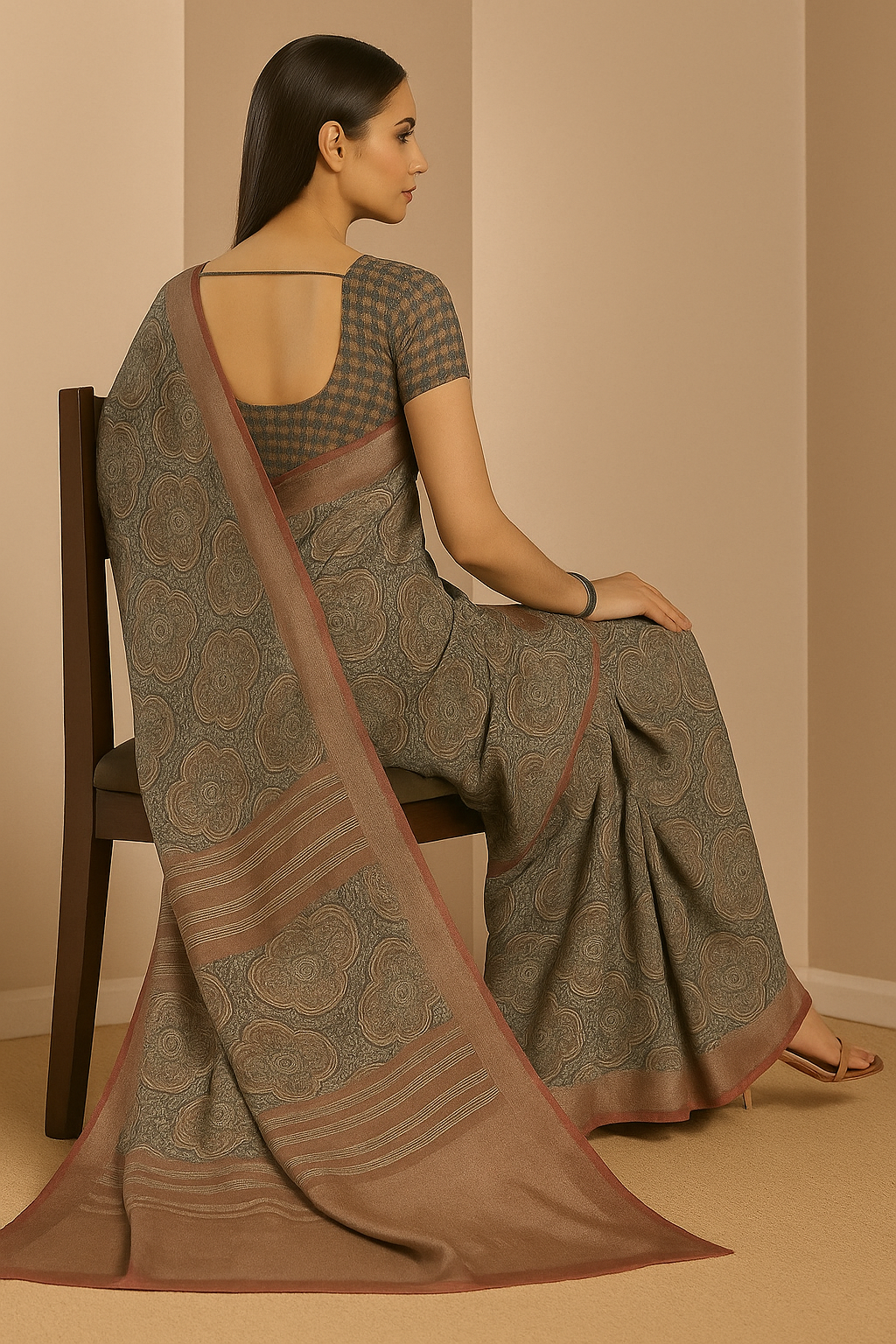 Contemporary Ajrak-Style Saree with Elegant Woven Border
