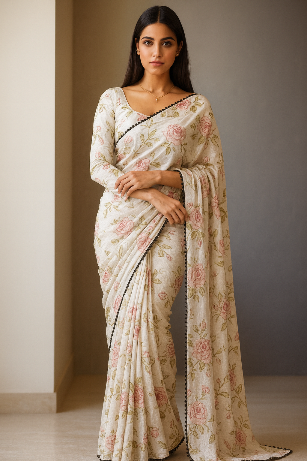 Ethereal Bloom – White & Green Georgette Saree with Gota Embellishment