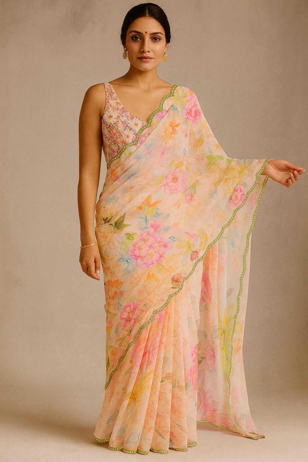 Peach Floral Silk Blend Saree with Embellished Mirror-Work Border