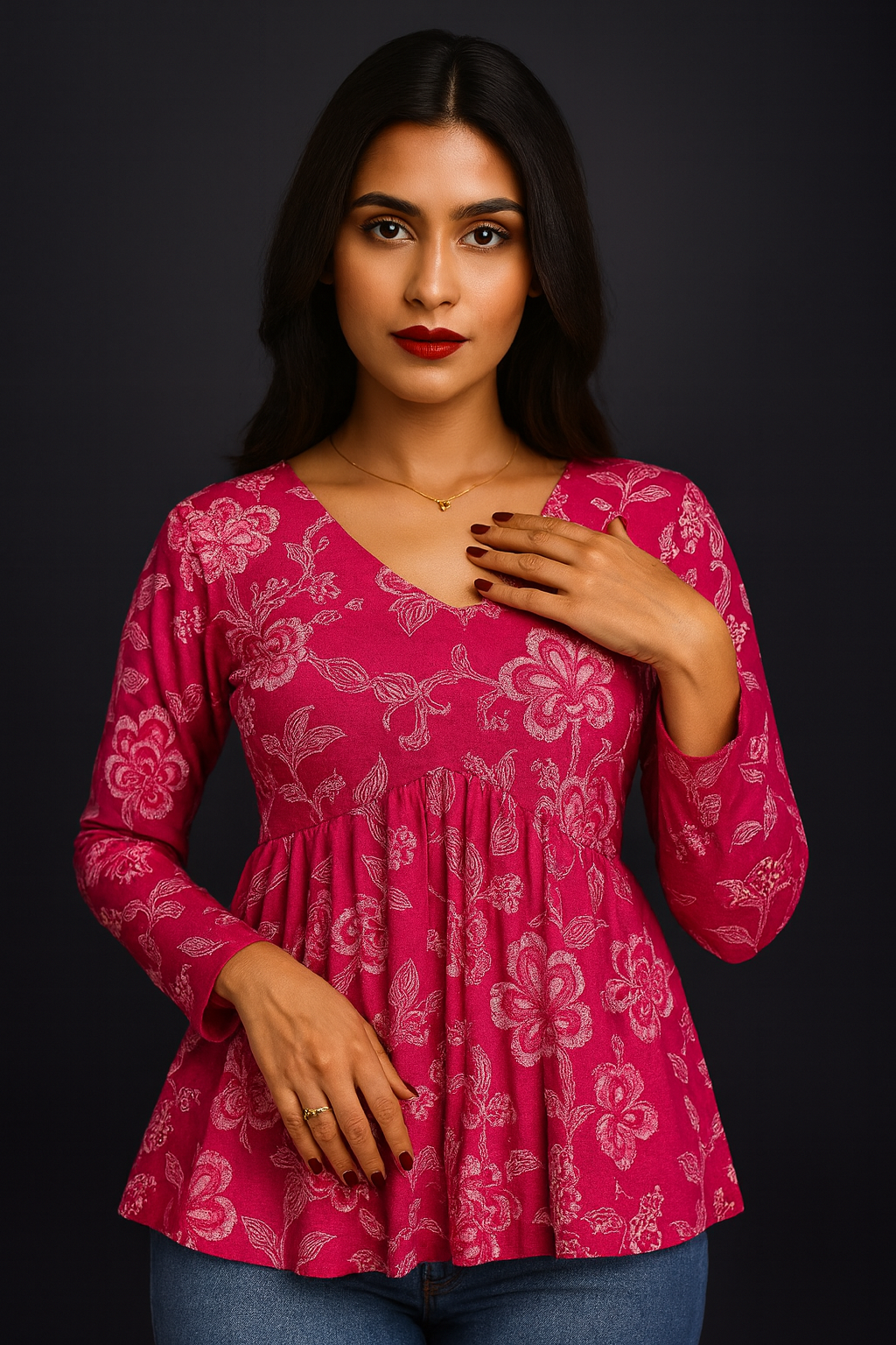 Flared Pink Rayon Floral Print Peplum Top for Women